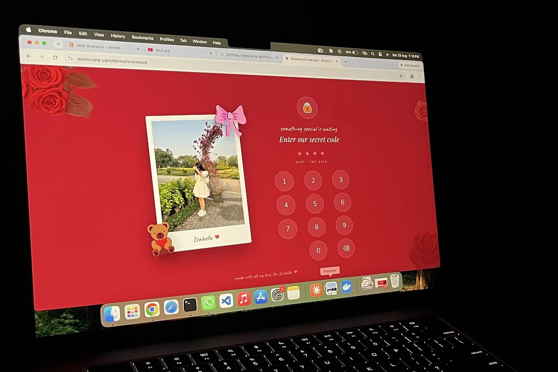 A birthday website for a girlfriend open on a laptop, showing the locked opening screen with her photo and a keypad